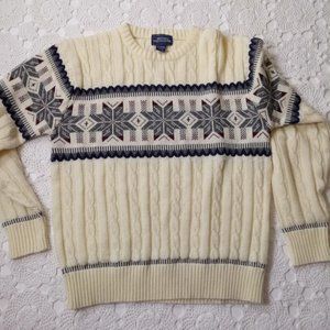 Vtg Y2K Sweater Pullover Ivory Navy Blue Snowflake Cable Ribbed Knit Large Men L